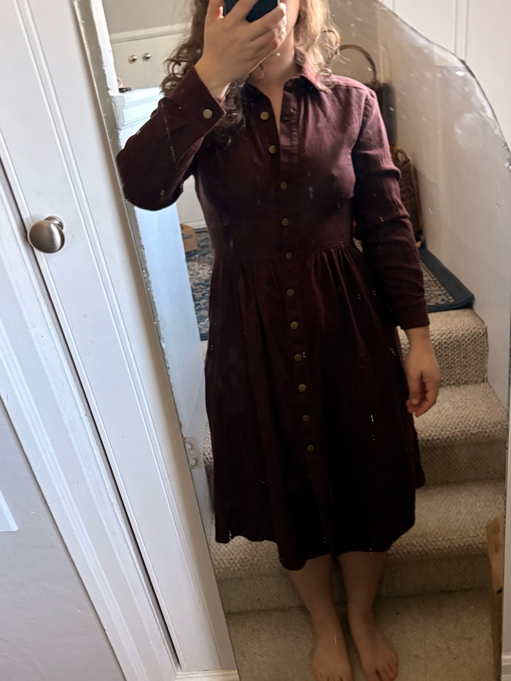 Button-Front Long Sleeve Shirt Dress in Deep Burgundy